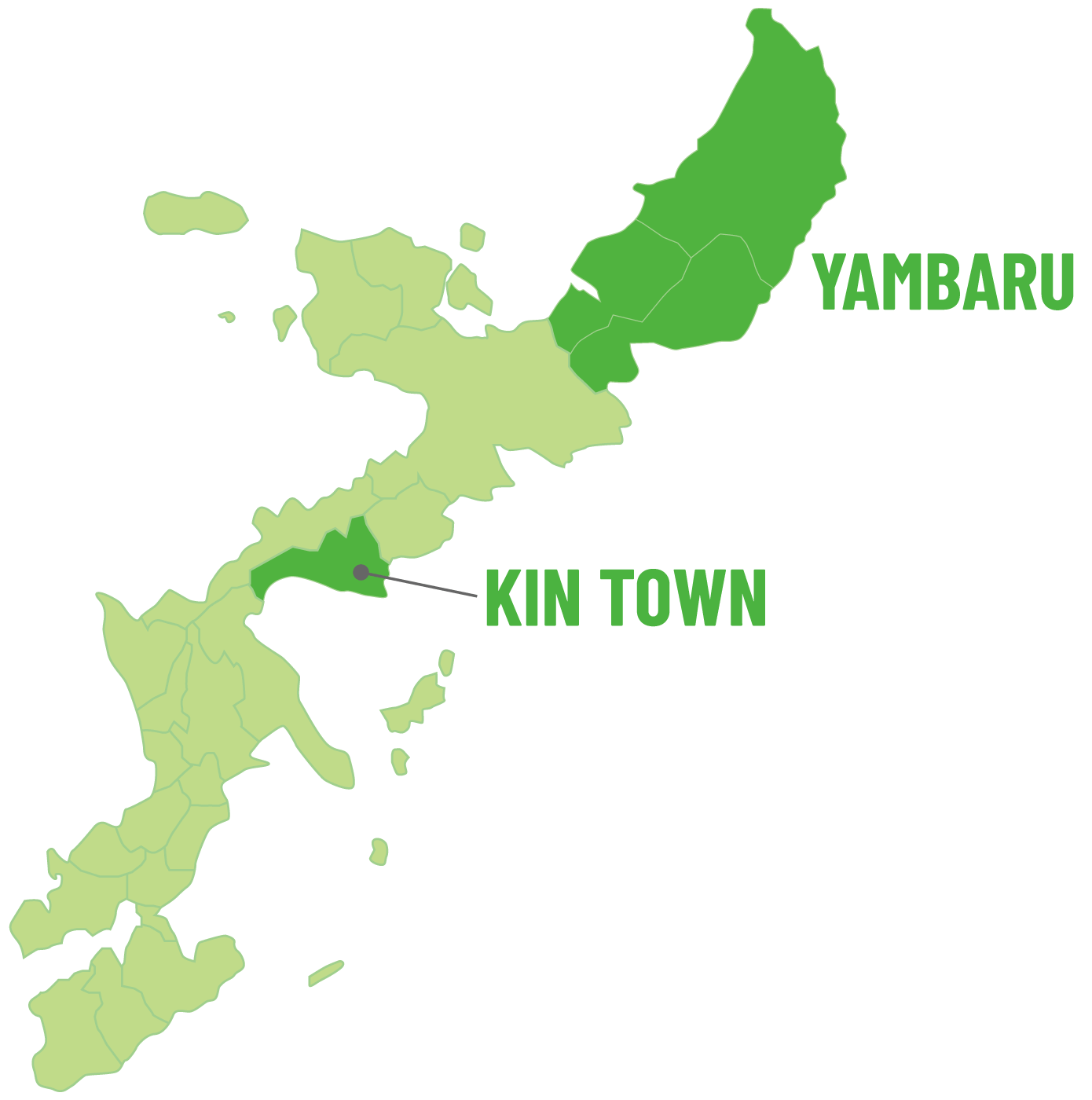 金武町とやんばるを示した沖縄本島の地図